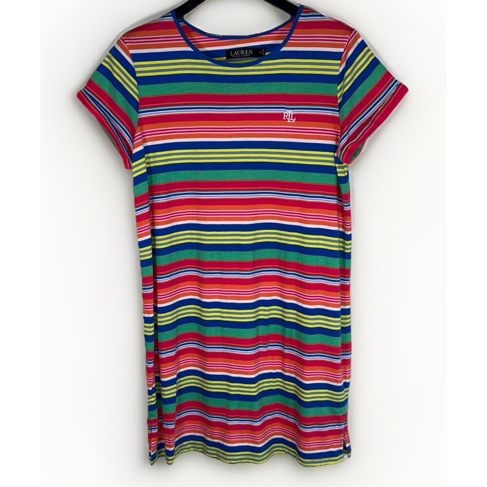 Ralph Lauren Red Blue Yellow Stripe Jersey Knit T-Shirt Dress Preppy Sporty Sz M